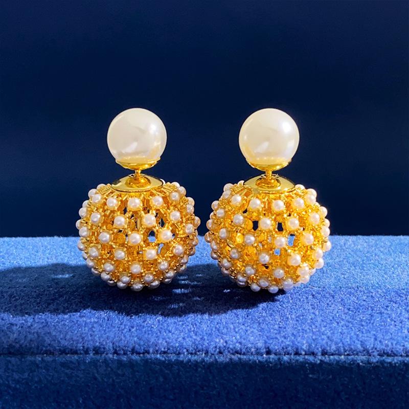 Серьги-подвески с полым металлическим шариком, двухсторонним жемчужным шариком спереди и сзади, женские серьги-подвески